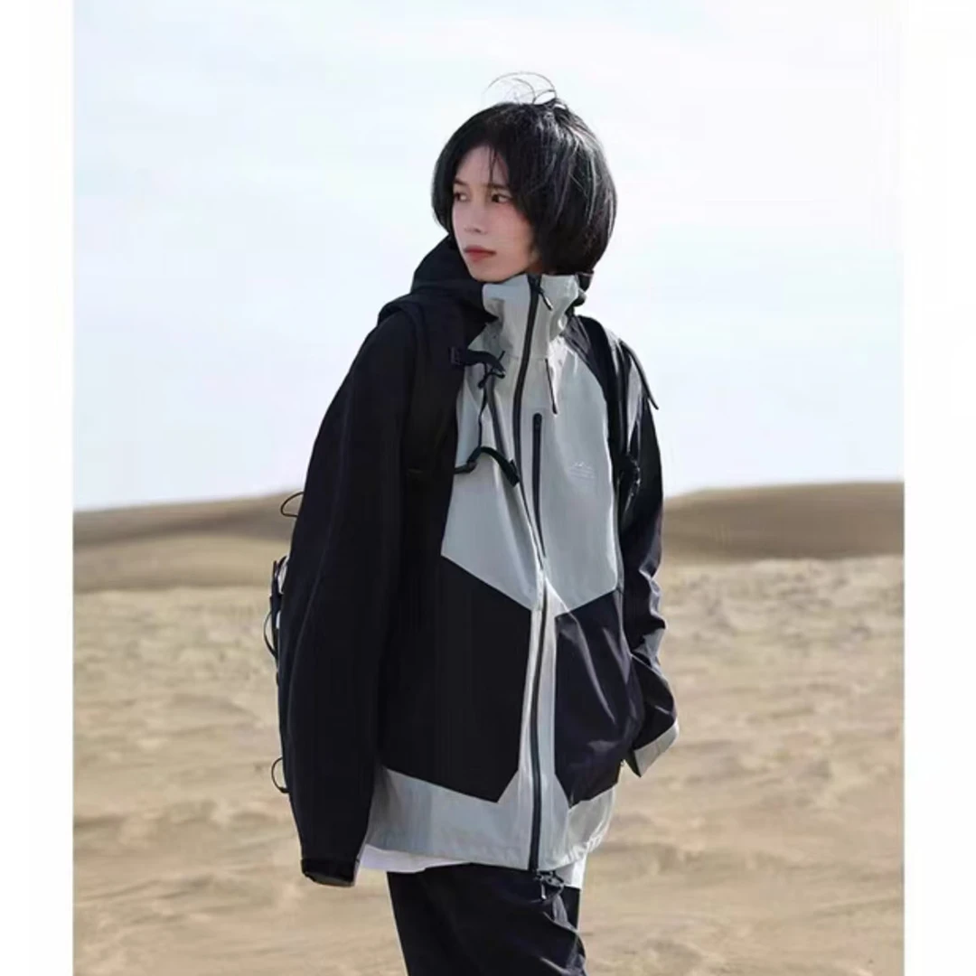 KM117潮牌ins拼色山峰字母外套春秋美式休闲运动连帽冲锋衣夹克