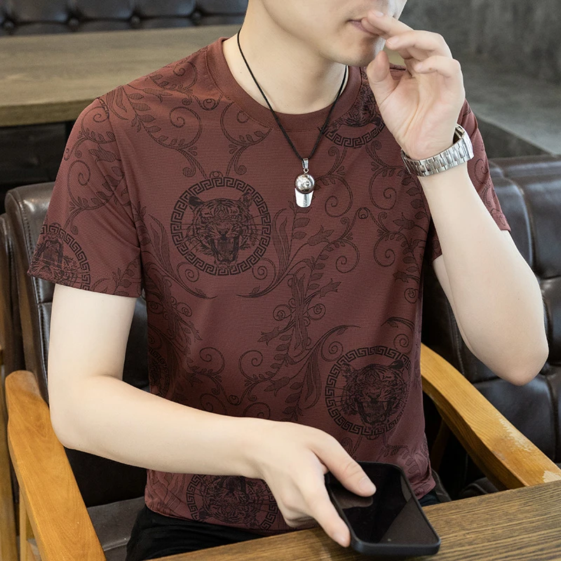 夏季新款男士冰丝短袖T恤时尚潮流印花体恤丝滑凉爽夏天薄款半袖