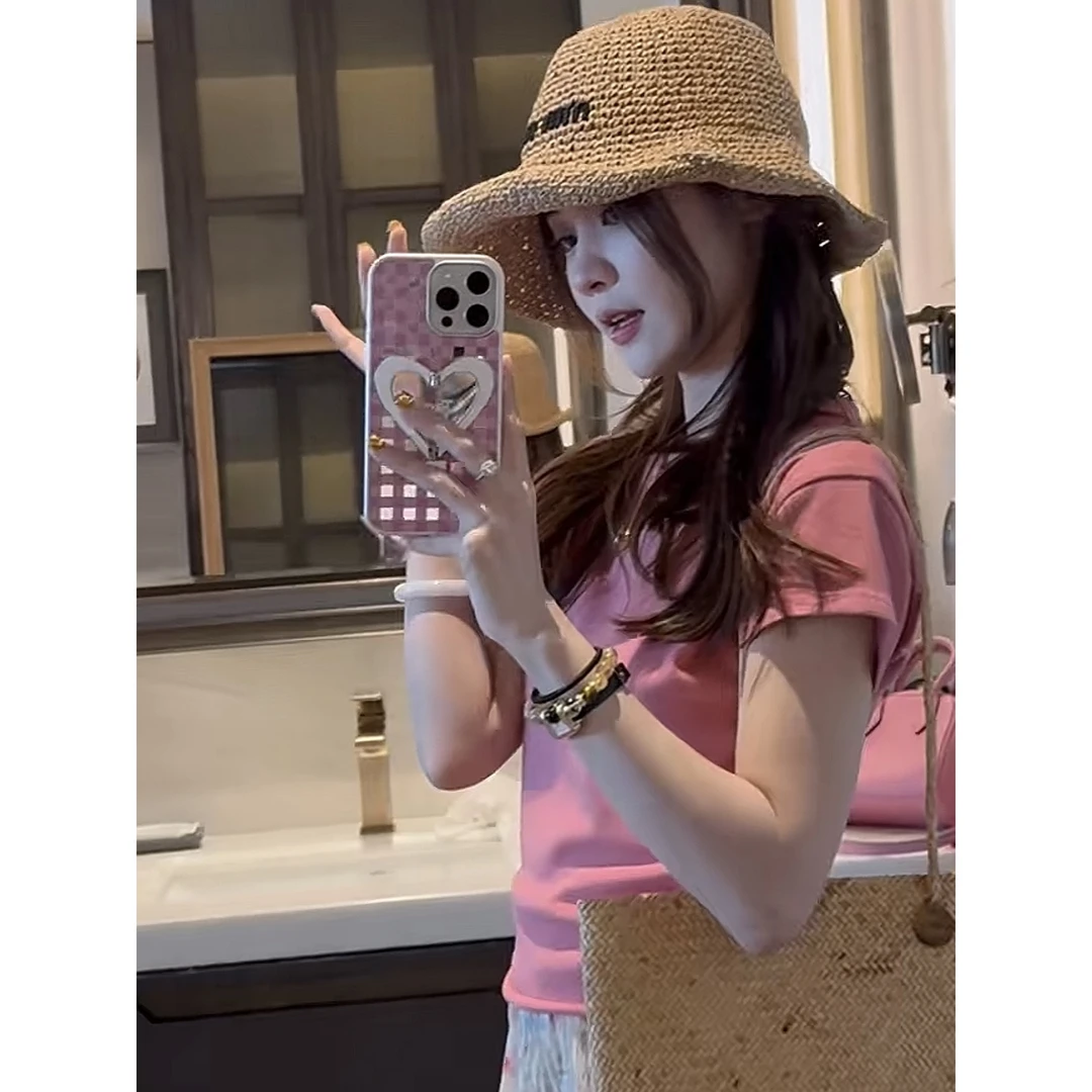 圆领印花短袖玫红色t恤女2025新款夏季显瘦减龄气质百搭上衣