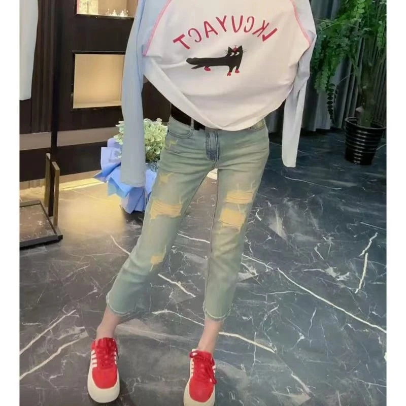 2025夏季新款破洞直筒牛仔裤梨形身材宽松显瘦小个子八分烟管裤女