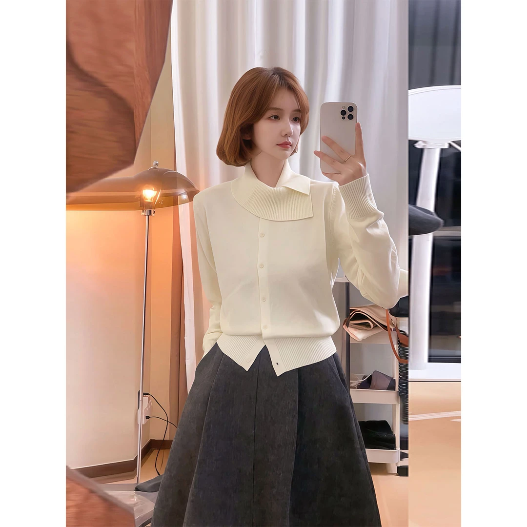 韩系慵懒风气质围巾领长袖针织开衫上衣女秋冬新款修身显瘦毛衣