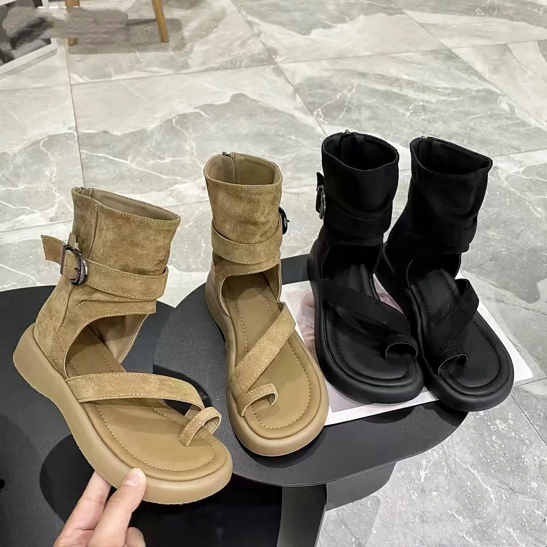 厚底罗马凉靴女2025新款夏季时尚套趾高帮凉鞋小个子短靴