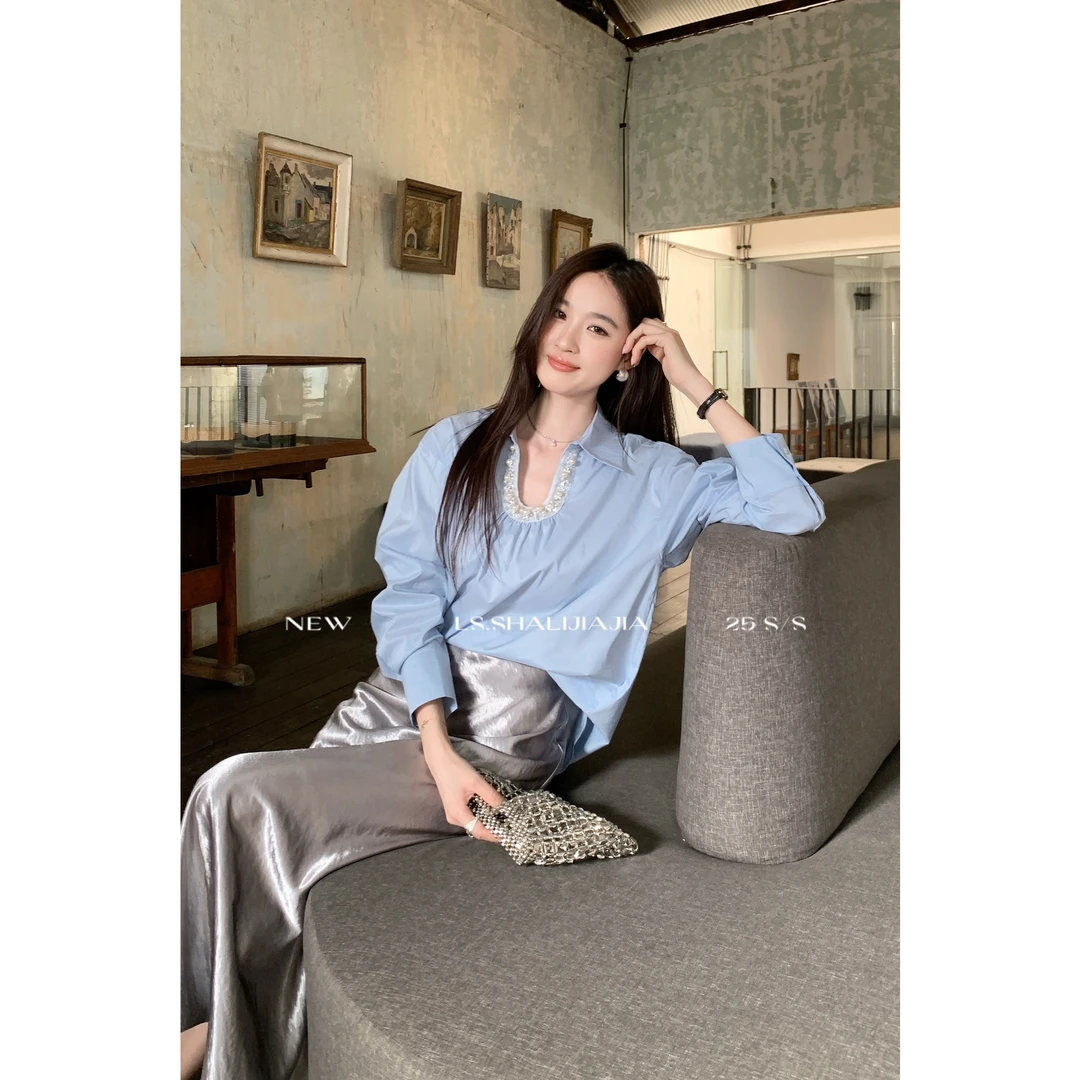 美树【LS】u领精致珠片设计宽松简约百搭时尚衬衫  22031#