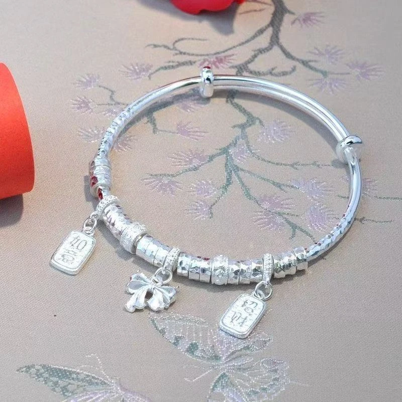 银9999万贯盘缠推拉可调节手镯时尚百搭吉祥如意蝴蝶结坠子