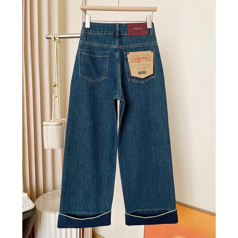 八面弹复古阔腿牛仔裤女2025春夏新款高腰显瘦窄版直筒卷边九分裤