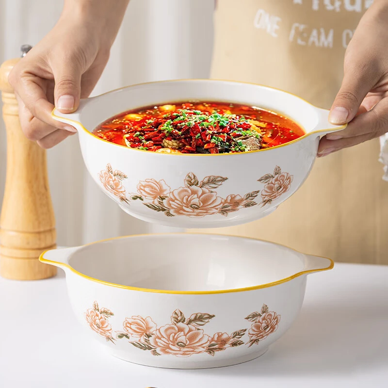 山茶花双耳加厚汤碗9.5英寸耐高温陶瓷水煮鱼碗大盆碗酸菜鱼汤碗