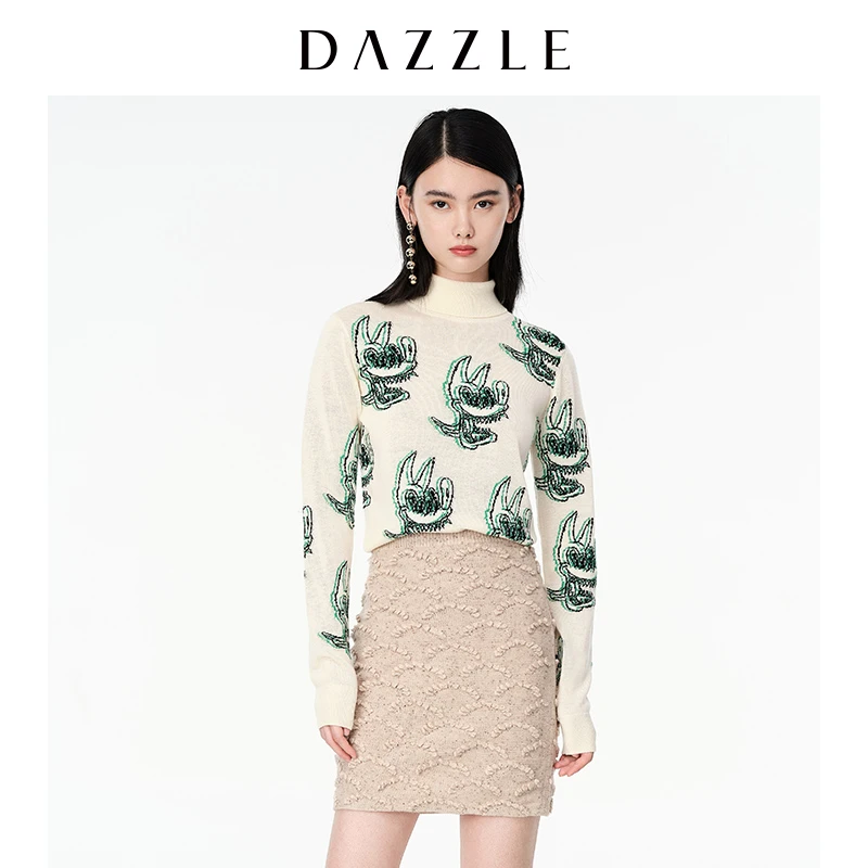 【MD】DAZZLE地素白色针织提花高领套头毛衣2D4E4036B