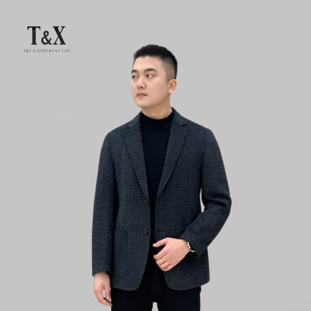 T&X/梯形男士秋冬格纹时尚休闲双面羊毛西服外套（内胆可拆卸）