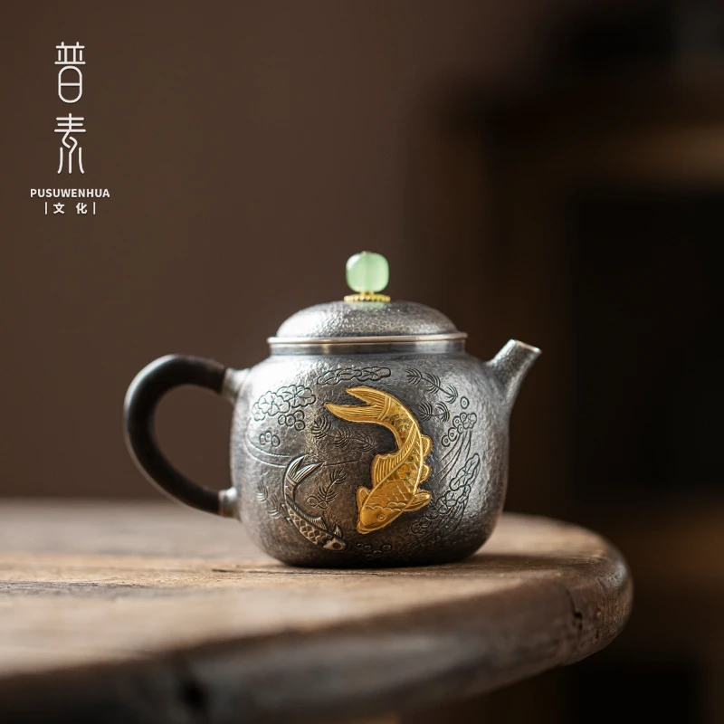 普素 双鱼宫灯壶足银999纯手工一张打泡茶壶中式复古家用茶壶茶具