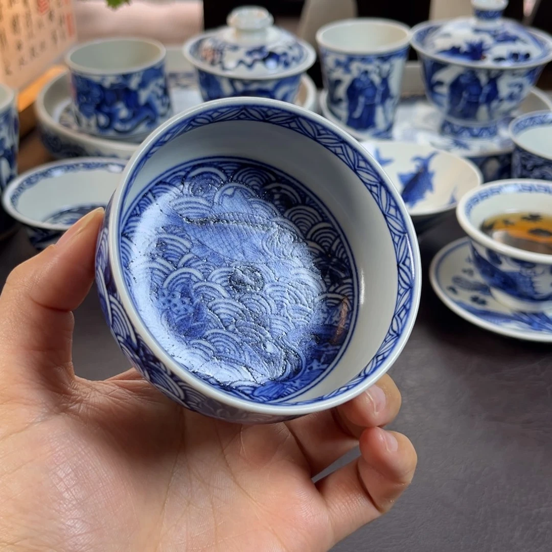 朝岚夕霞窑全手绘青花海浪鱼藻主人杯原矿釉烧制