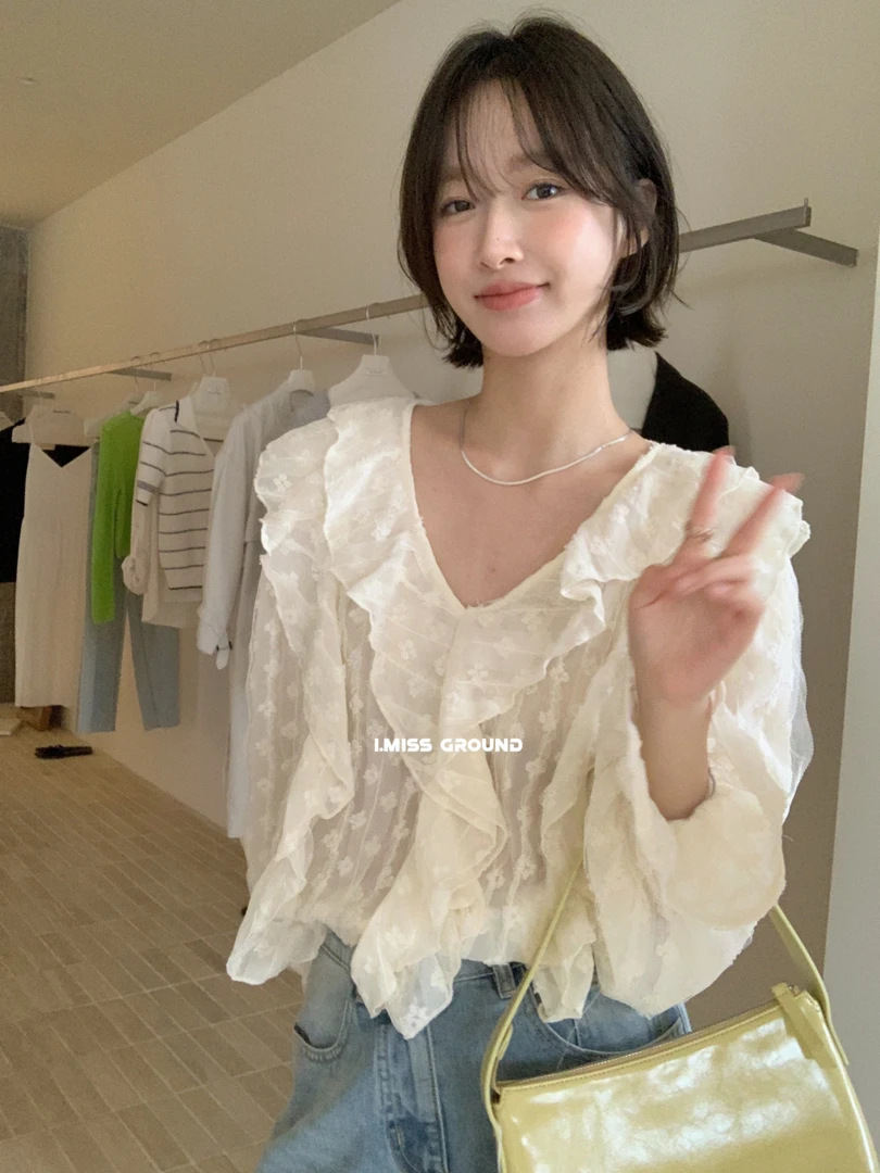 （kc）I.miss（3015#）气质花边领纯色小衫