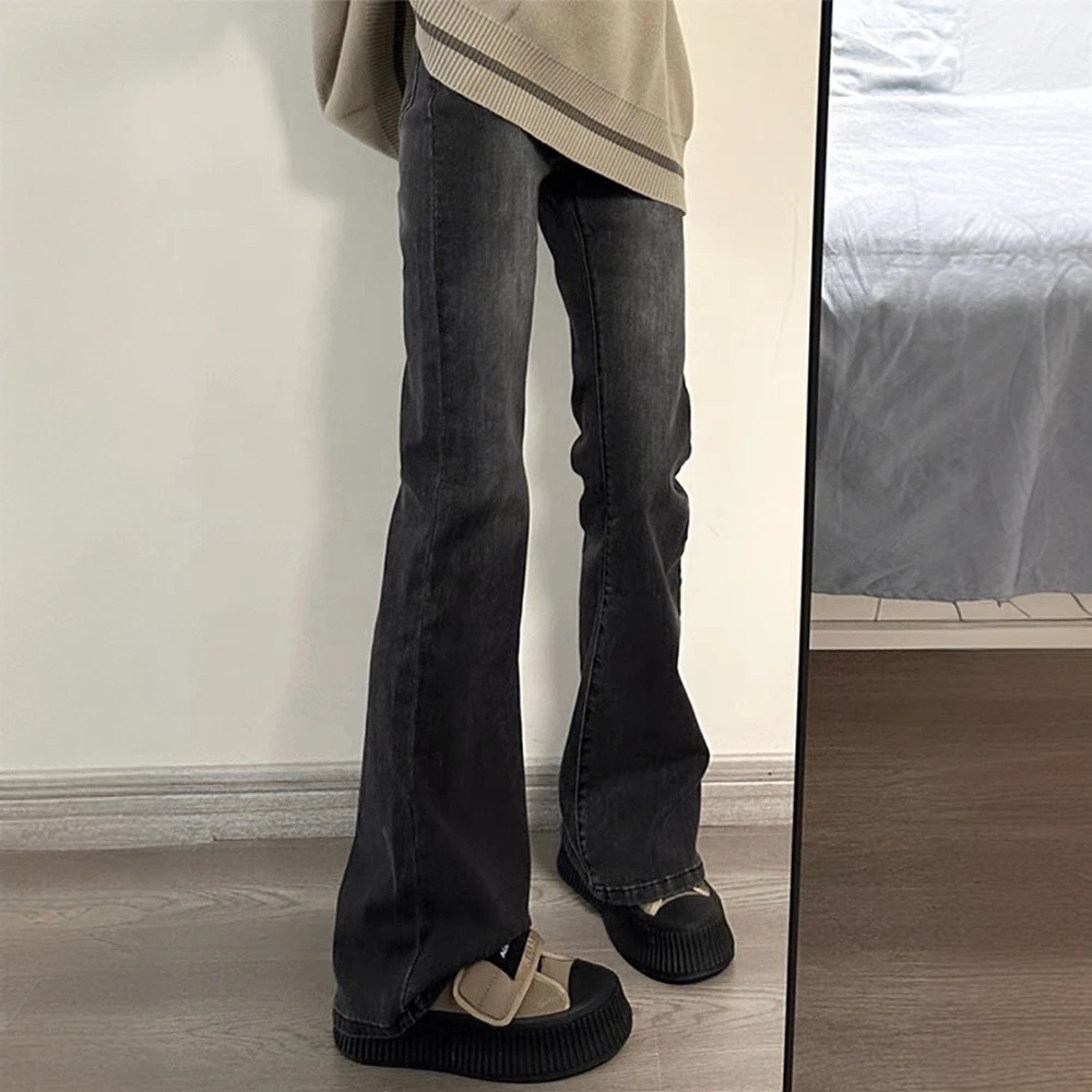 美式烟灰色马蹄牛仔裤女春秋新款大码胖mm高腰宽松显瘦微喇拖地裤