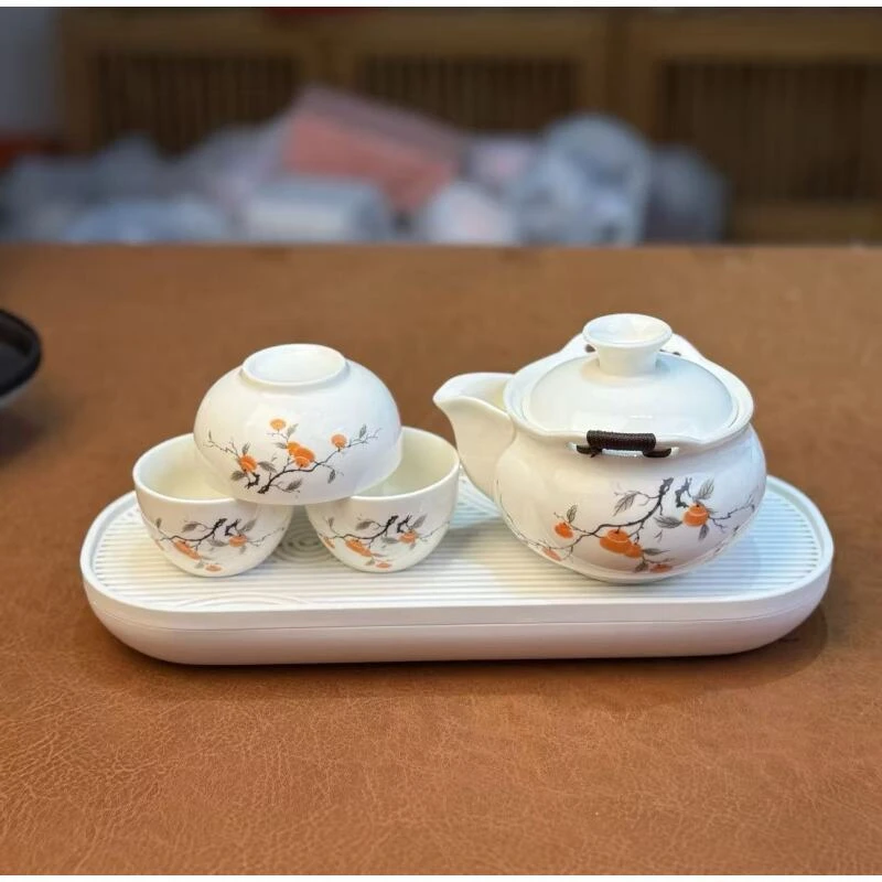 ZH4065-柿柿如意一壶三杯手抓壶加白色茶盘