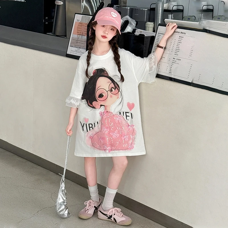 女童超好看短袖夏季2025新款女孩中长款t恤儿童夏日薄款韩系上衣