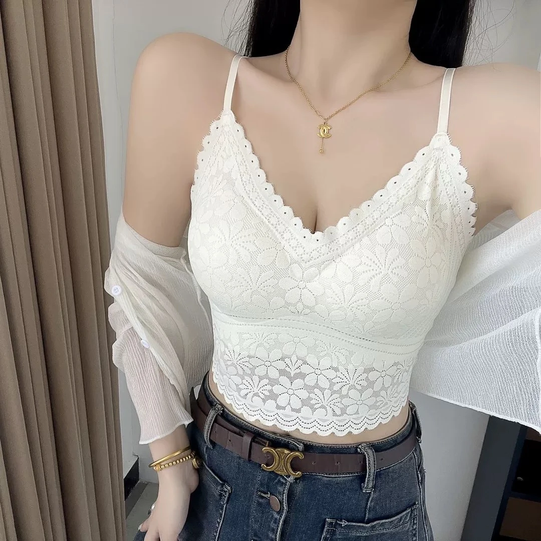 女夏季冰丝吊带打底美背蕾丝花边背心性感带胸垫009