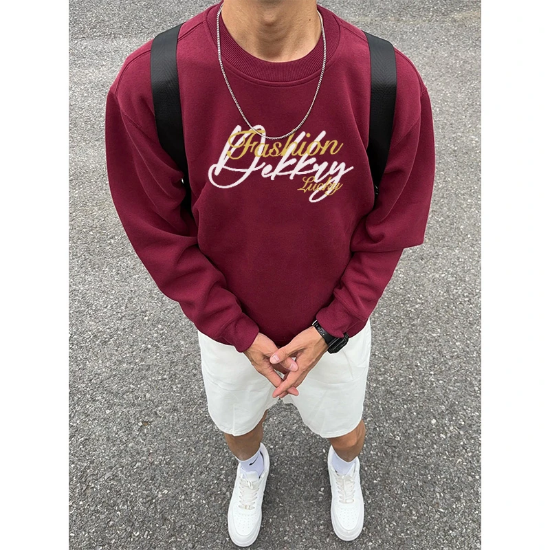 美式创意字母印花酒红色圆领卫衣男秋冬潮牌百搭宽松情侣套头上衣