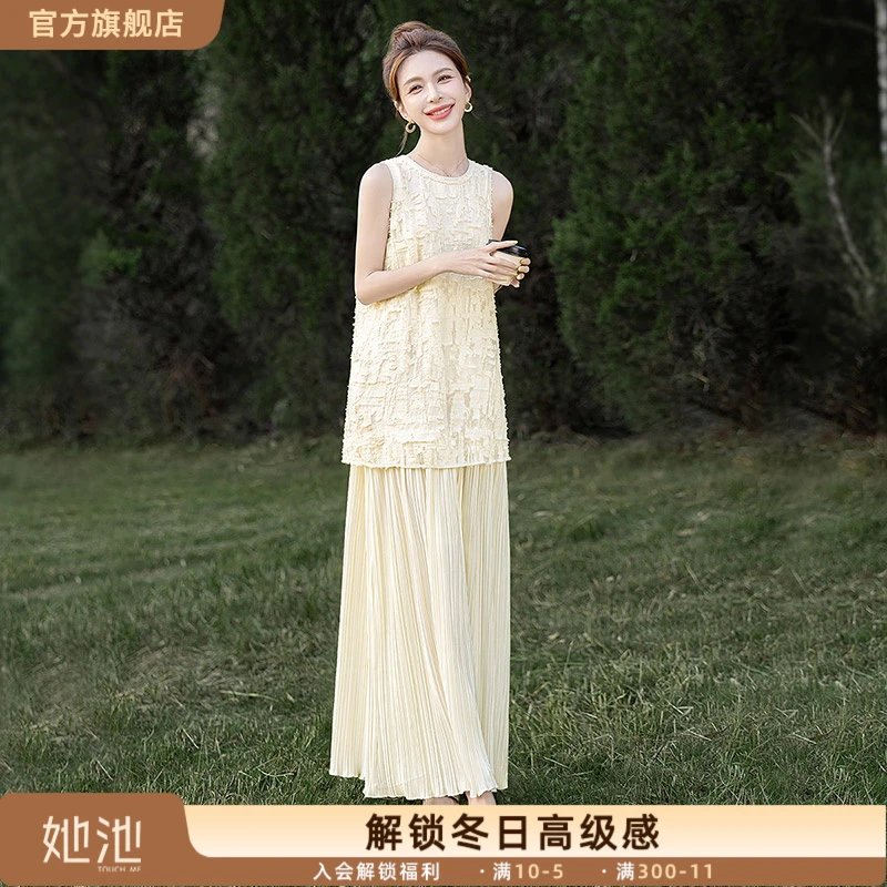 丝柏舍2025夏季新款女装时尚假两件拼接长款无袖连衣裙S52B2033L