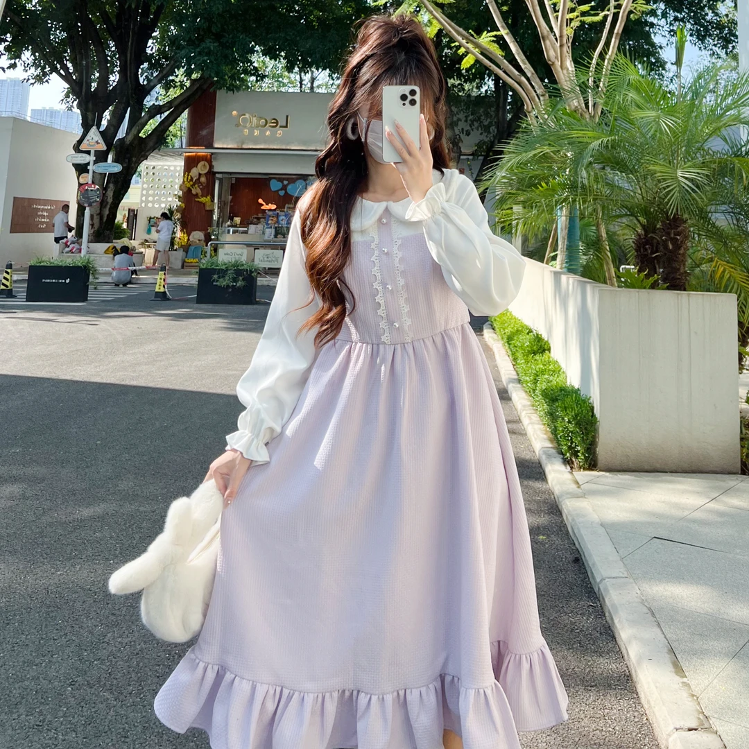 花崎鹿原创甜桃日记连衣裙秋冬长袖减龄娃娃领宽松长裙小清新少女