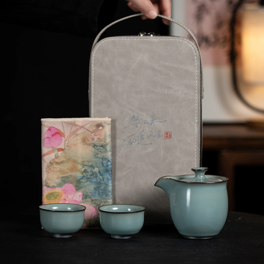 弘茗道 铁胎汝窑旅行茶具手抓壶泡茶神器户外便携陶瓷泡茶壶简约