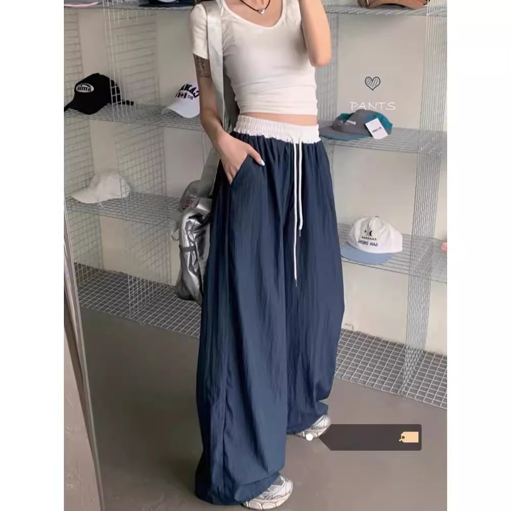 撞色松紧腰阔腿裤女春夏薄款2025新款速干宽松休闲垂感直筒山本裤