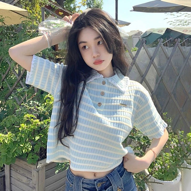 奶蓝别致上衣短袖条纹小清新甜美2025夏季女装polo衫领T