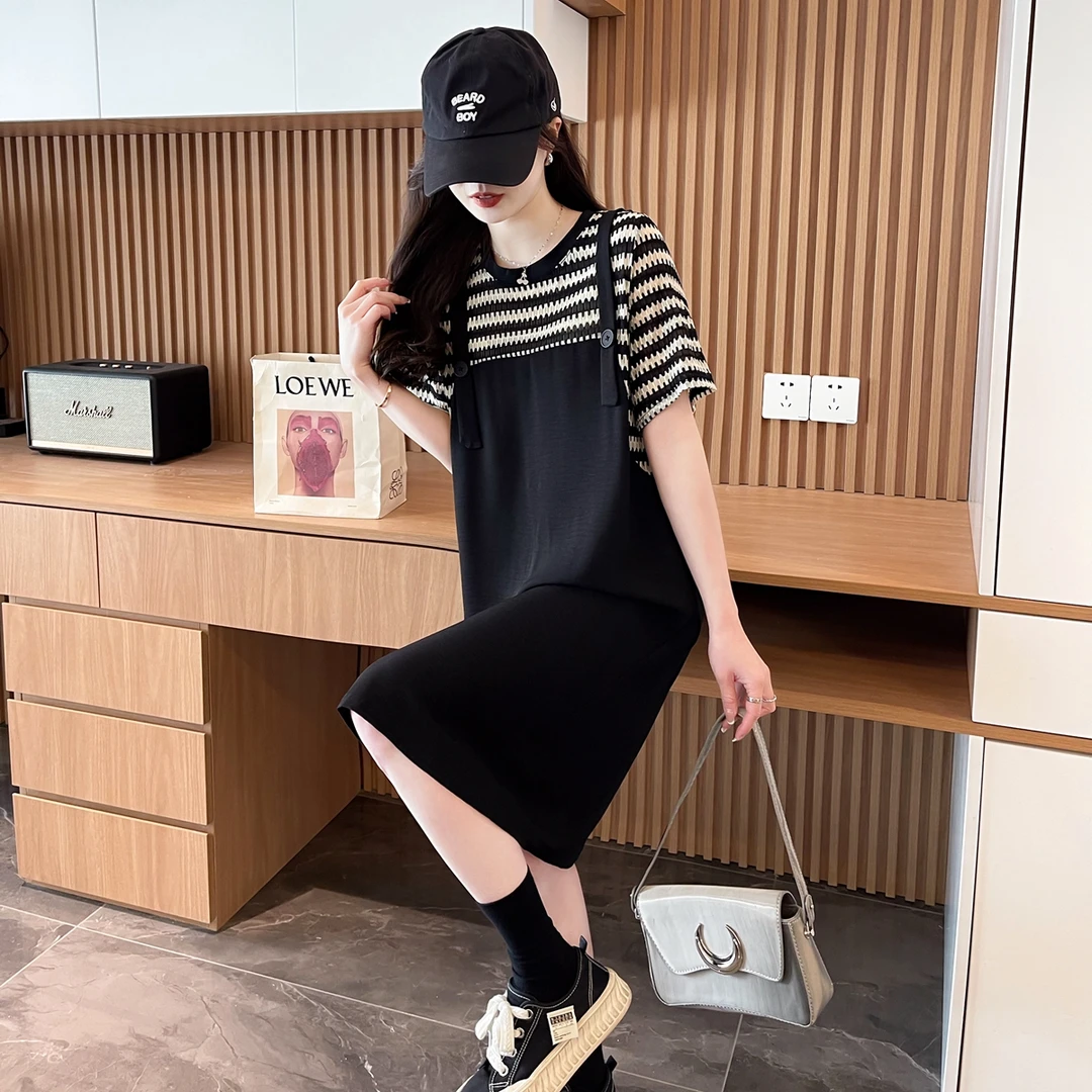 假两件拼接背带连衣裙女夏季韩版时尚宽松直筒显瘦长款过膝体恤裙