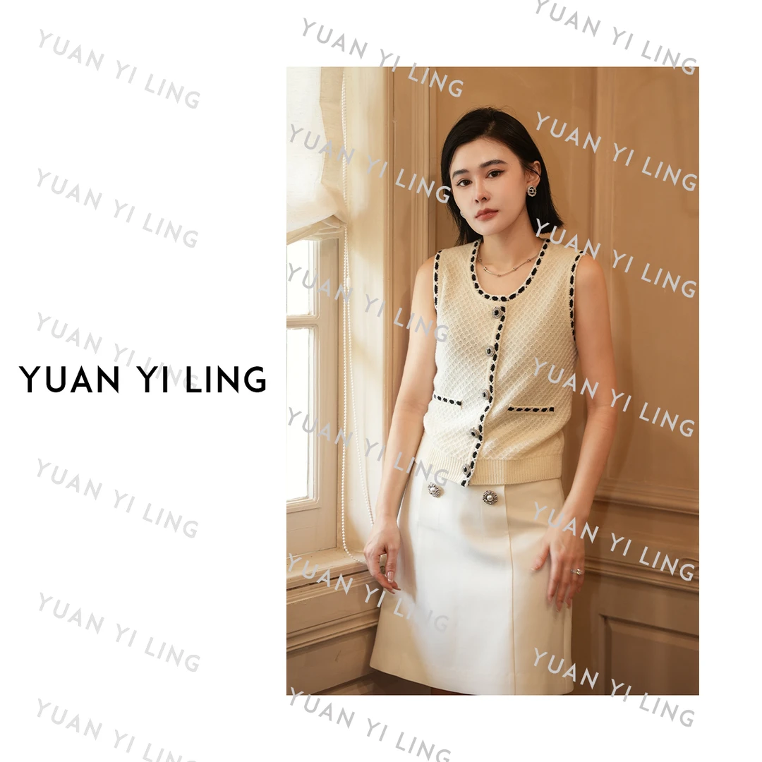 袁艺灵【南法诗集】25秋冬绵羊毛撞色线条圆领无袖小香针织马甲9080