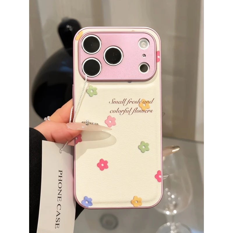 彩色花朵适用苹果17pro手机壳16pm小众女华为p70金属皮纹防摔小米