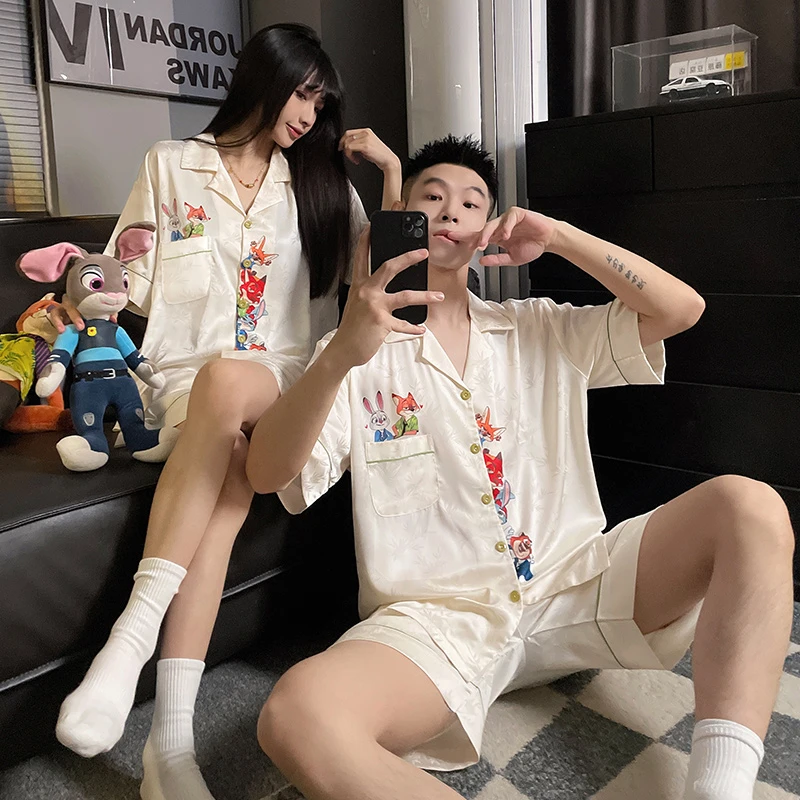 情侣睡衣女夏季短袖冰丝绸卡通可爱青少年男士薄款夏天家居服套装