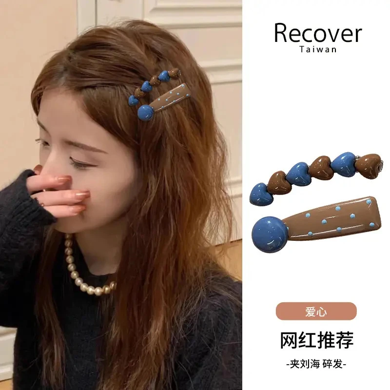 韩系新款海盐奶咖爱心波点发夹网红一字夹夹子侧边夹女前额刘海夹