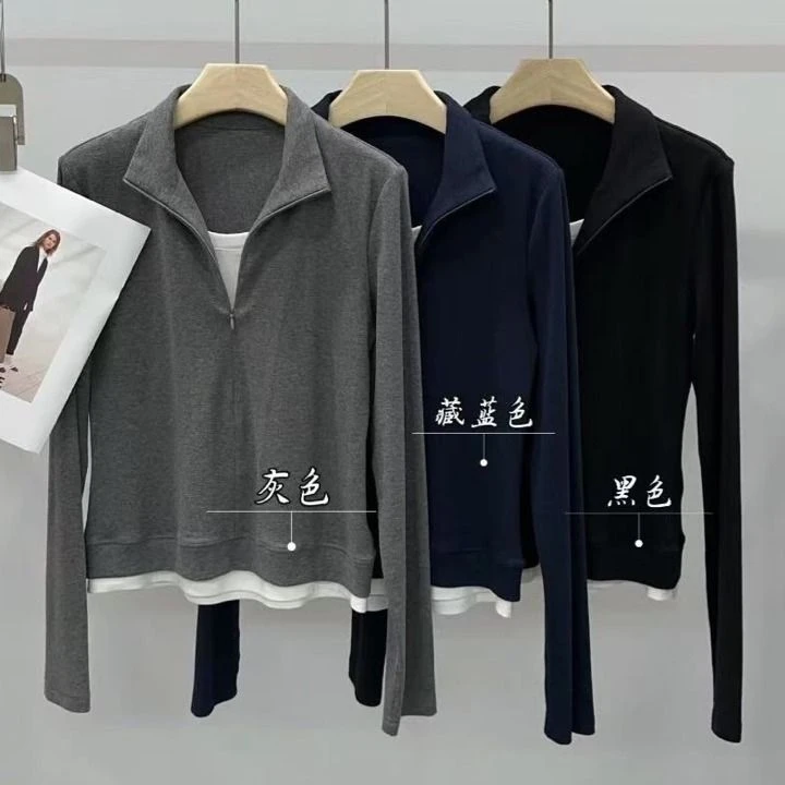 【氧气女孩】新款半拉链假两件气质立领正肩百搭休闲显瘦上衣P26936