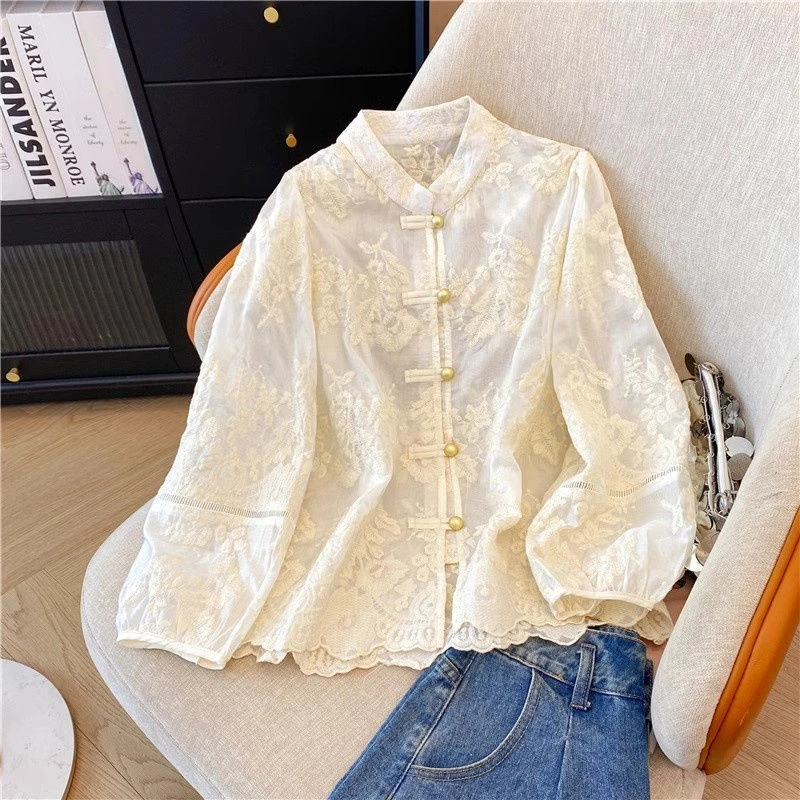 新中式常规款蕾丝防晒衬衫外套宽松型长袖上衣气质提花衬衣
