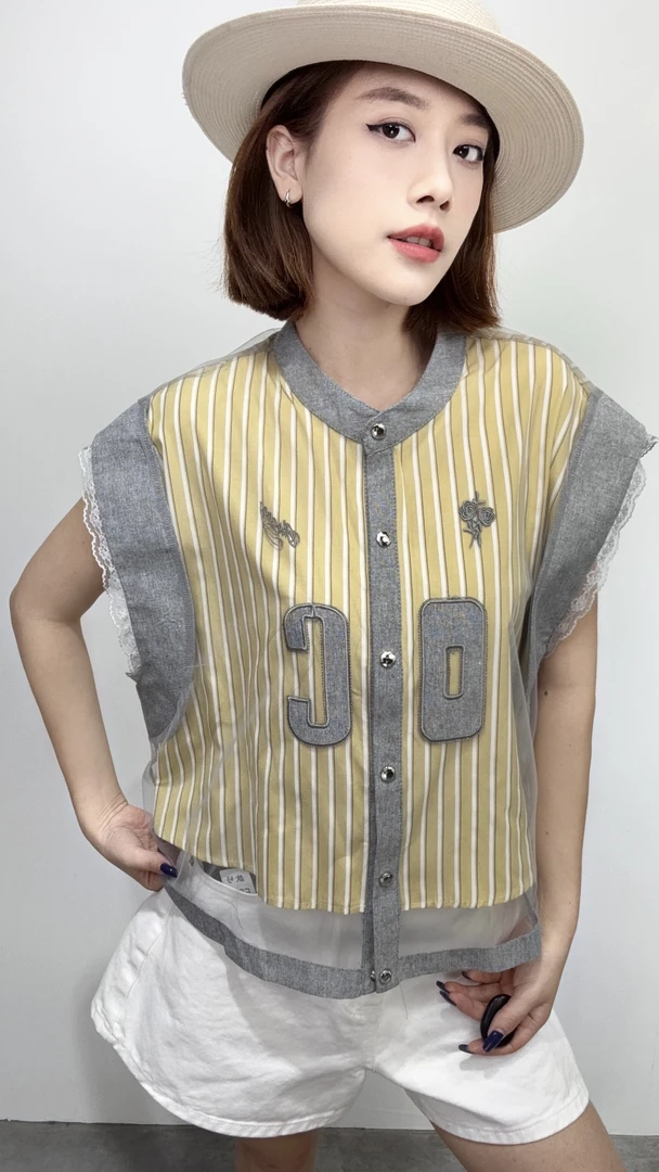 230#夏季新款时尚气质数字条纹衬衫无袖蕾丝拼接网纱休闲上衣