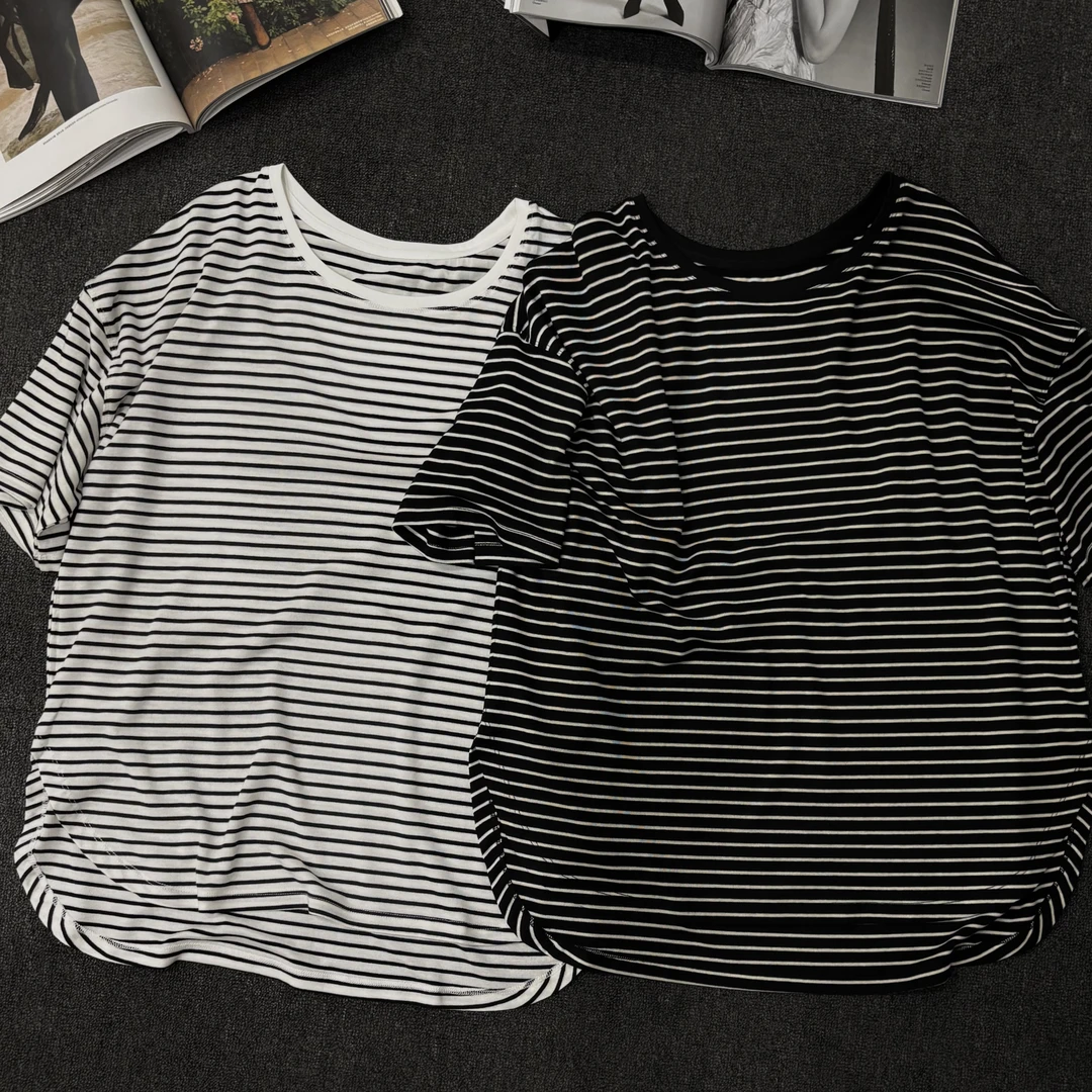 塔鹿蕾25年夏季简约显瘦百搭下摆U型设计宽松条纹短袖体恤Y014