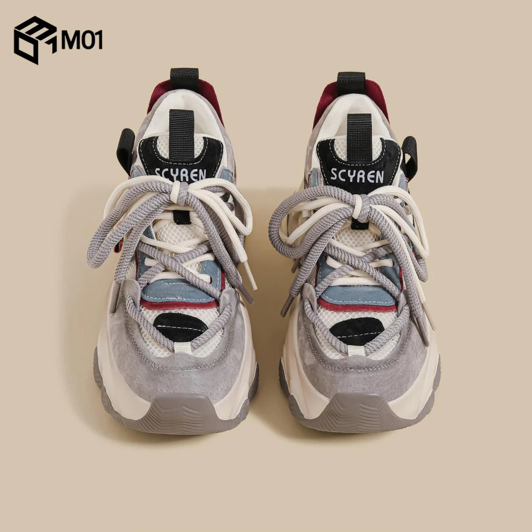 M01秋季新款厚底老爹鞋女灰色双鞋带松糕透气增高华夫阿甘运动鞋