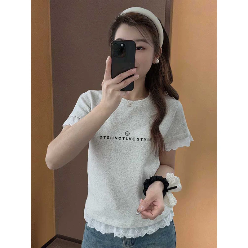2025夏季设计感小众正肩蕾丝拼接短袖t恤女时尚百搭浅花灰色上衣