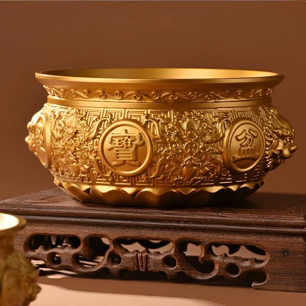 金色黄铜双狮八福聚宝盆摆件创意家居饰品办公室存财纳福吉祥装饰