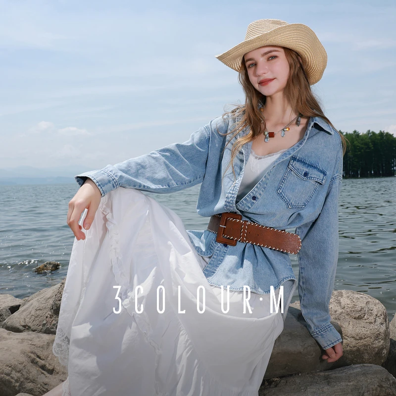 三彩2025秋季新款复古水洗牛仔衬衫宽松中长长袖衬衣上衣M