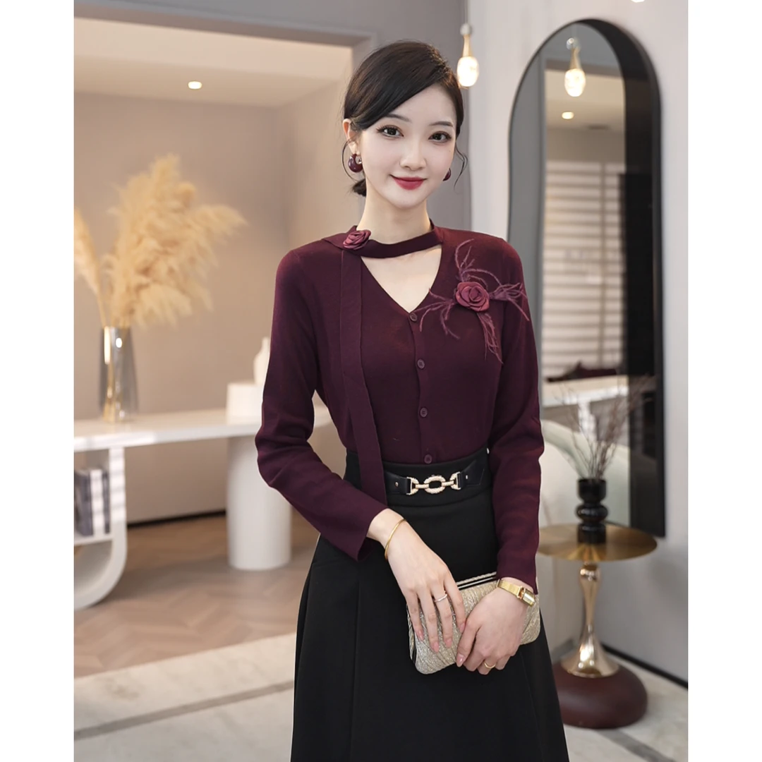 唐熹2025新款【JR-16】含绵羊毛针织衫优雅酒红色镂空时尚百搭毛衣