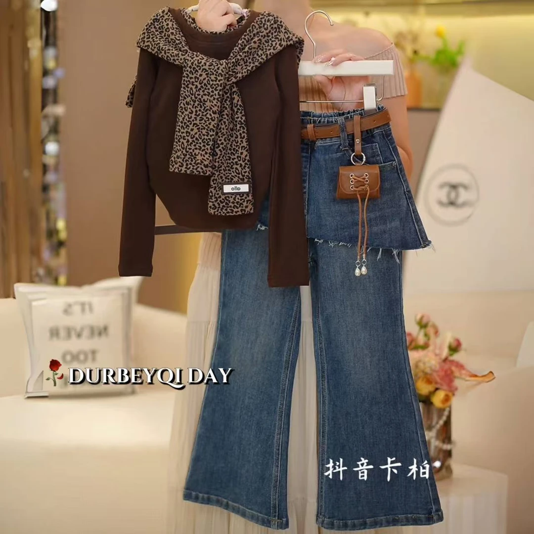 DURBEYQI/朵贝奇女童2025秋季新款套头圆领打底衫牛仔裤套装5619