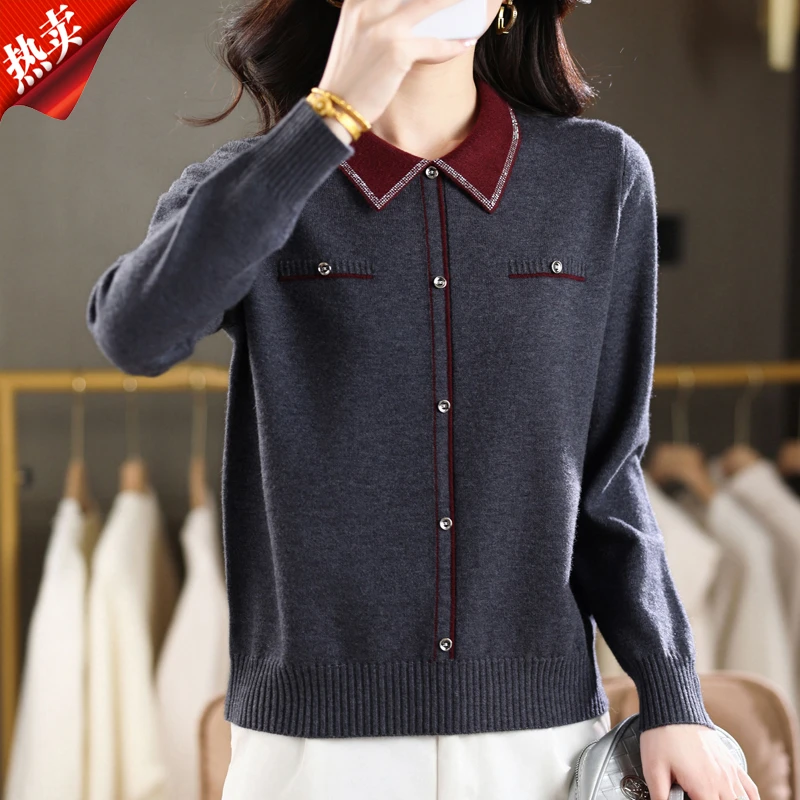 【原版正品】羊毛衫女新款翻领女针织打底衫秋冬洋气宽松休闲套头