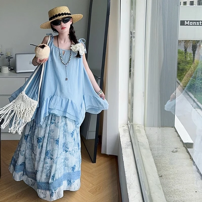 女童度假风吊带连衣裙夏2025新款女大童高级感沙滩裙子叠穿两件套