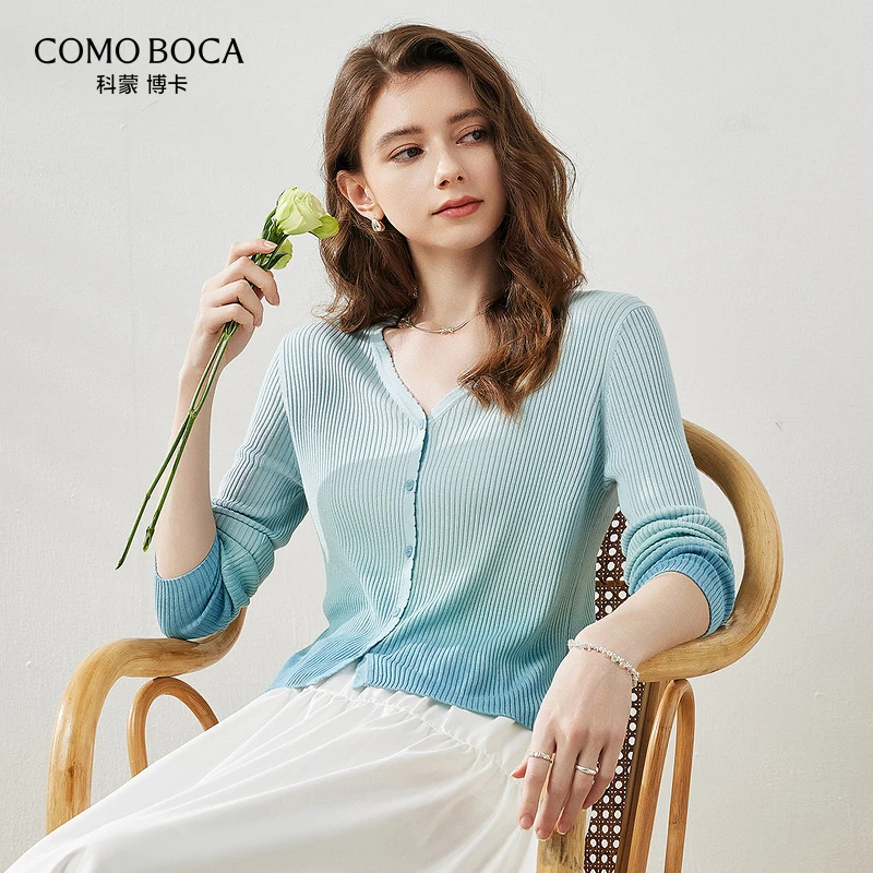 COMOBOCA/科蒙·博卡25春夏时尚渐变V领开衫上衣桑蚕丝外套KST1171