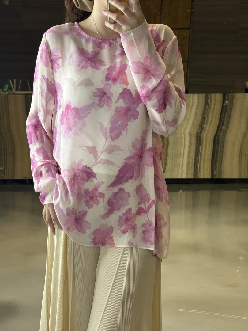 D50019南油爆款气质套头粉色印花上衣