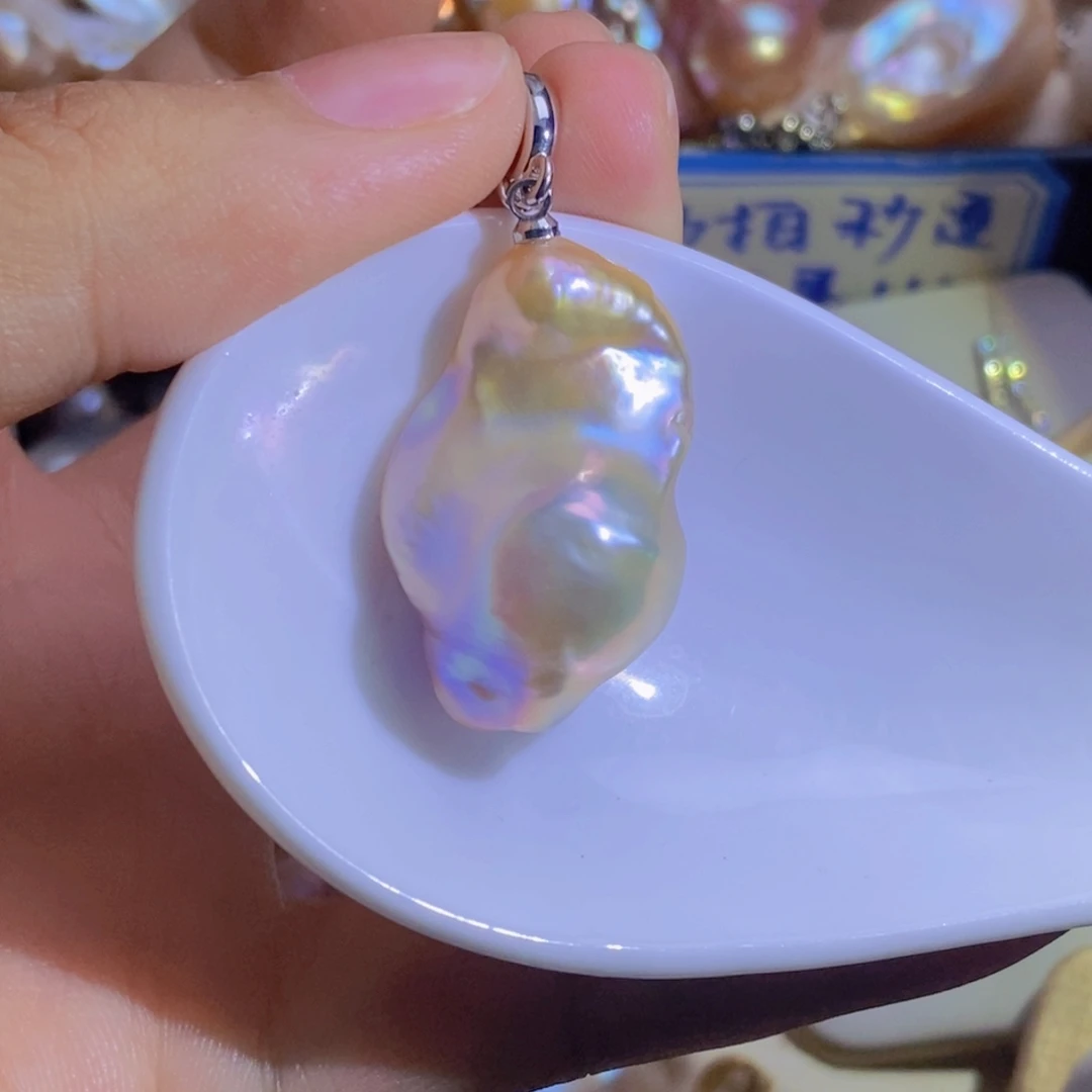 银S925镶嵌淡水珍珠天然珍珠无染色，无优化