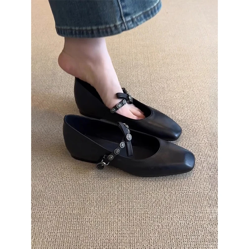 羊皮版~复古斜方头金属蝴蝶结平底小单鞋女一字带一脚蹬玛丽珍鞋