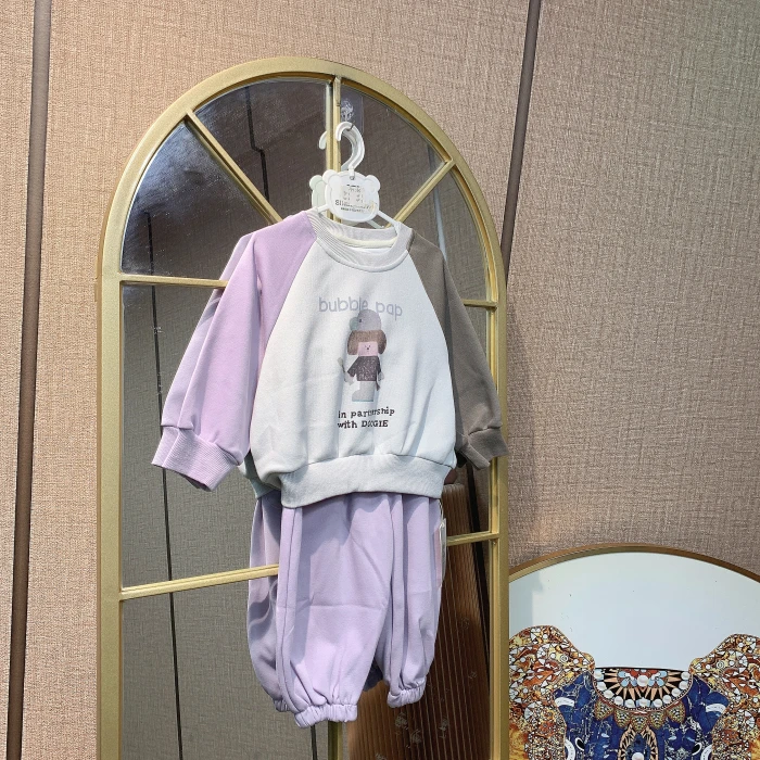 AH265 宝宝紫色拼接上衣裤子套装 秋款