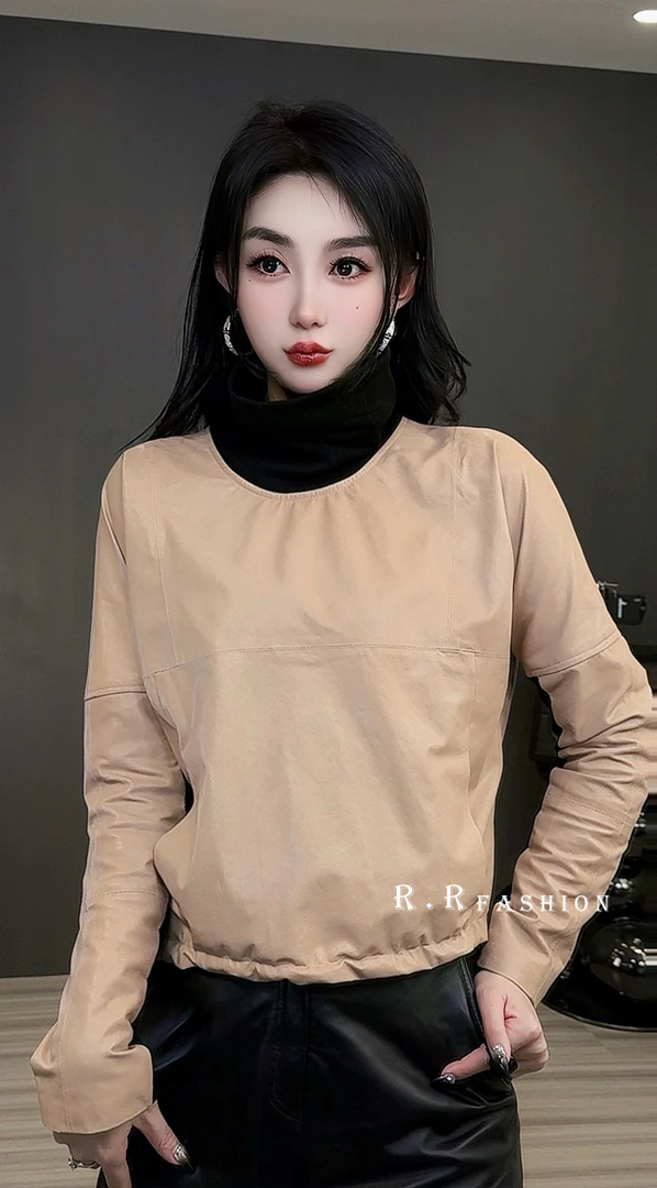 纯色真皮皮衣衬衫女2025早春新款圆领长袖抽绳收腰短款上衣