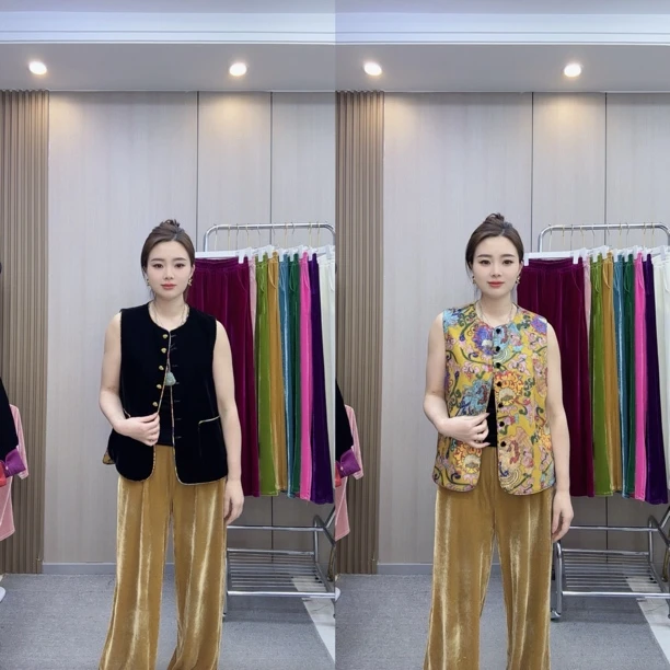 6267#新中式国风春季新款（双面穿）圆领丝绒马甲