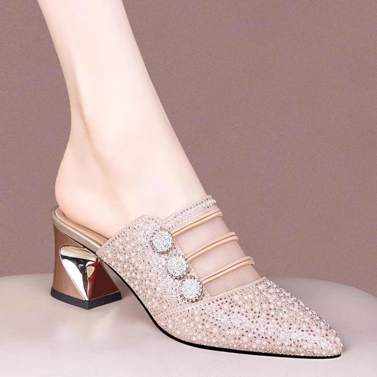 水钻网纱包头中高跟拖鞋女夏季外穿时尚粗跟2025新款凉拖大码半拖